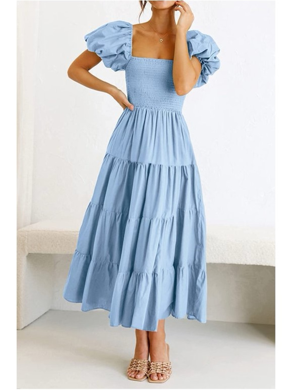 PRETTYGARDEN Blue Tiered Smocked Midi Dress Large Puff Sleeve Cottagecore - Picture 12 of 12